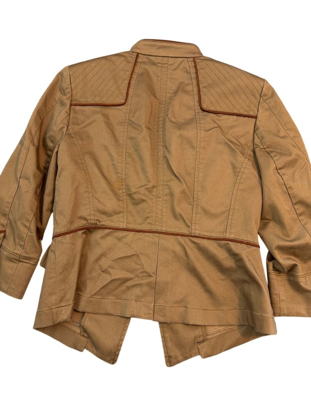 White House Black Market Tan Military Style Jacket Brown Piping Button Cuff Sz 2 - Picture 5 of 6